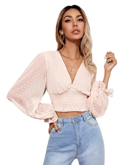 Long Sleeve V-neck Elastic Crop Top Polka Dot Chiffon Fashion Temperament Blouse Fashion Ladies' Blouses & Tops