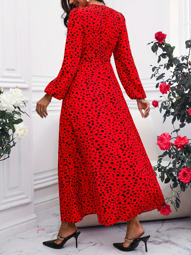 Sexy v neck evening dresses Valentine's Day night waist print pleated Elegant long sleeve women's maxi formal dress