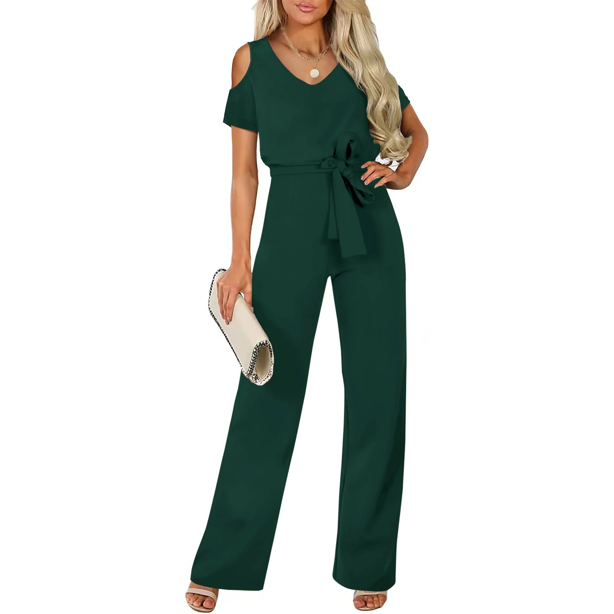 Fashion V Neck Loose Pants Casual Ladies Elegant Short Sleeve Rompers bodysuits for  Women Sexy One piece Jumpsuit