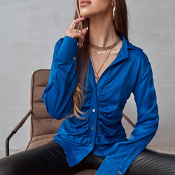 Satin Solid Shirt Long Sleeve Pleated Elegant Blouses Glossy Women Shirring Blouse Top