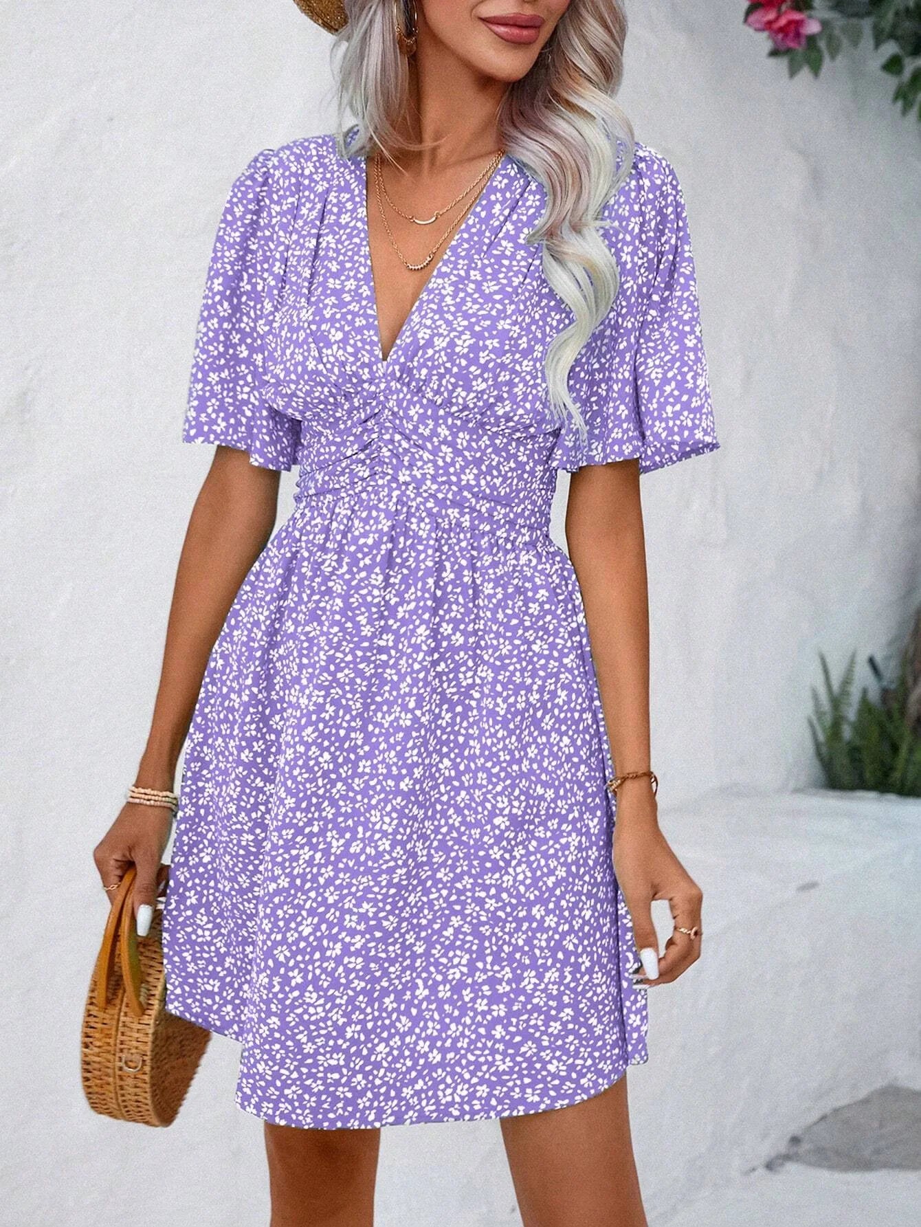 Dress Short Sleeve 2024 Summer Fashion Floral Loose Casual Rayon Dress Beach Vacation Short Skirt