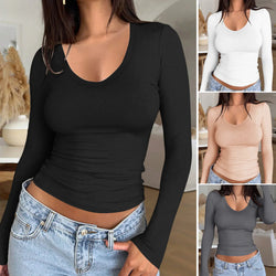 High Quality Long sleeved T-shirt Women's Round Neck Knitted Shirt Slim Fit Top T-shirt