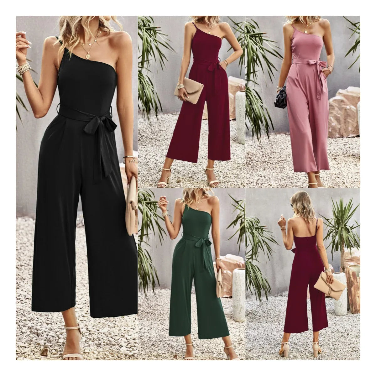 Summer Elegant Loose Solid Color Casual Workout Overall Linen High Waist Long Women Jumpsuit