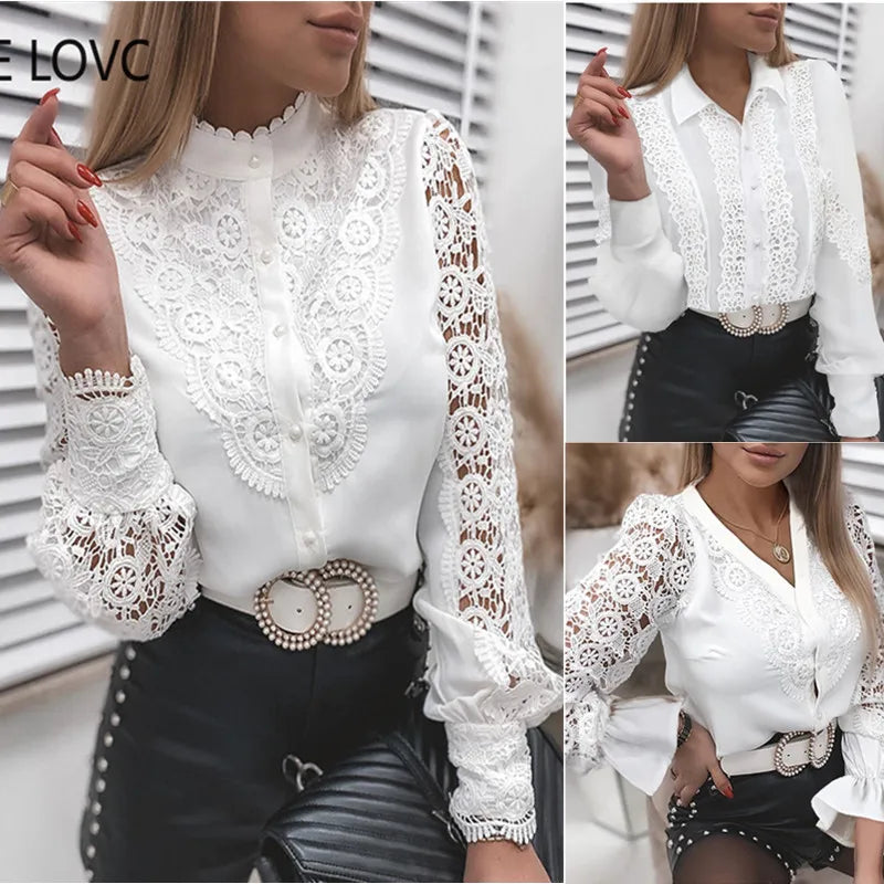 sale lace blouse long sleeve button women white shirt office ladies clothing