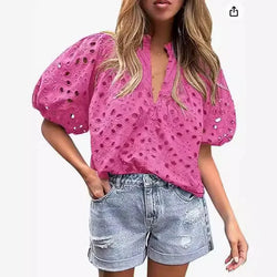 Hollow Lace Embroidered Lantern Sleeves Breathable Shirt Sweet Style Front Logo