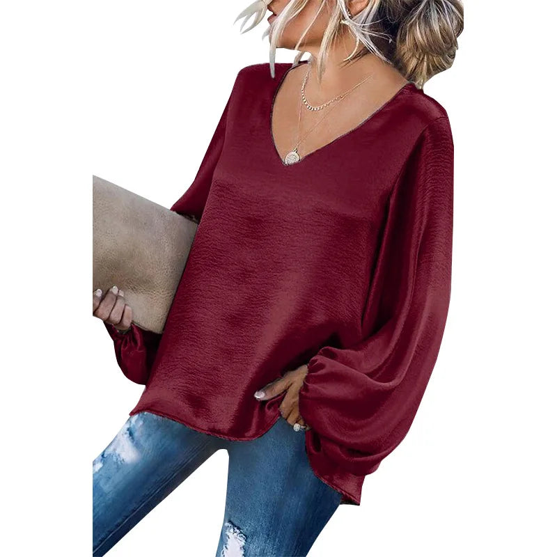 Soft V Neck Women Clothing Tops Long Sleeve Fashion Ladies' Blouses Silky korean clothes