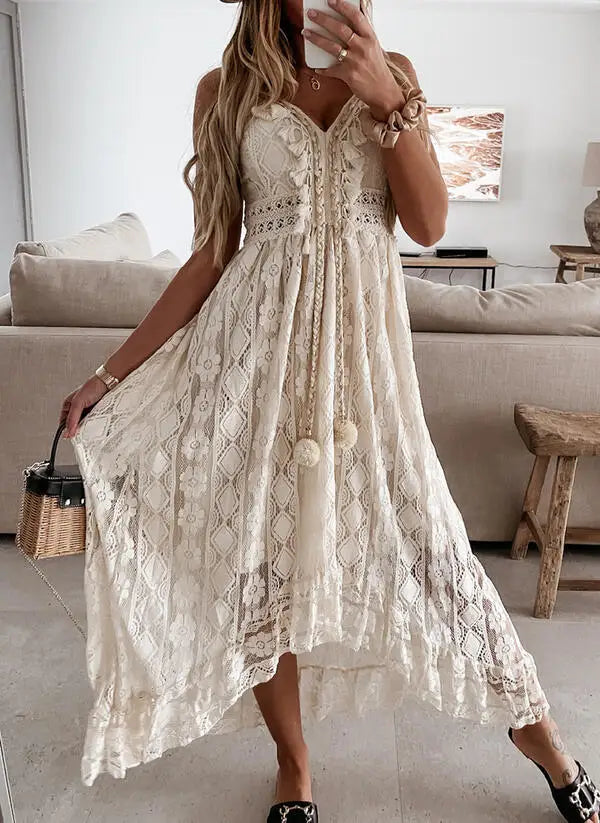 Summer casual European and American spice Girl temperament elegant hollow lace popular holiday travel MIDI dress