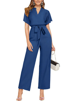 Casual Deep V Neck Short Sleeve Casual Loose Short Sleeve Belted Wide Leg Pant Romper Jumpsuits