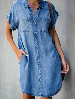 summer hot Europe and the United States simple fashion slim-fit lapel button short sleeve high street commuter denim dress