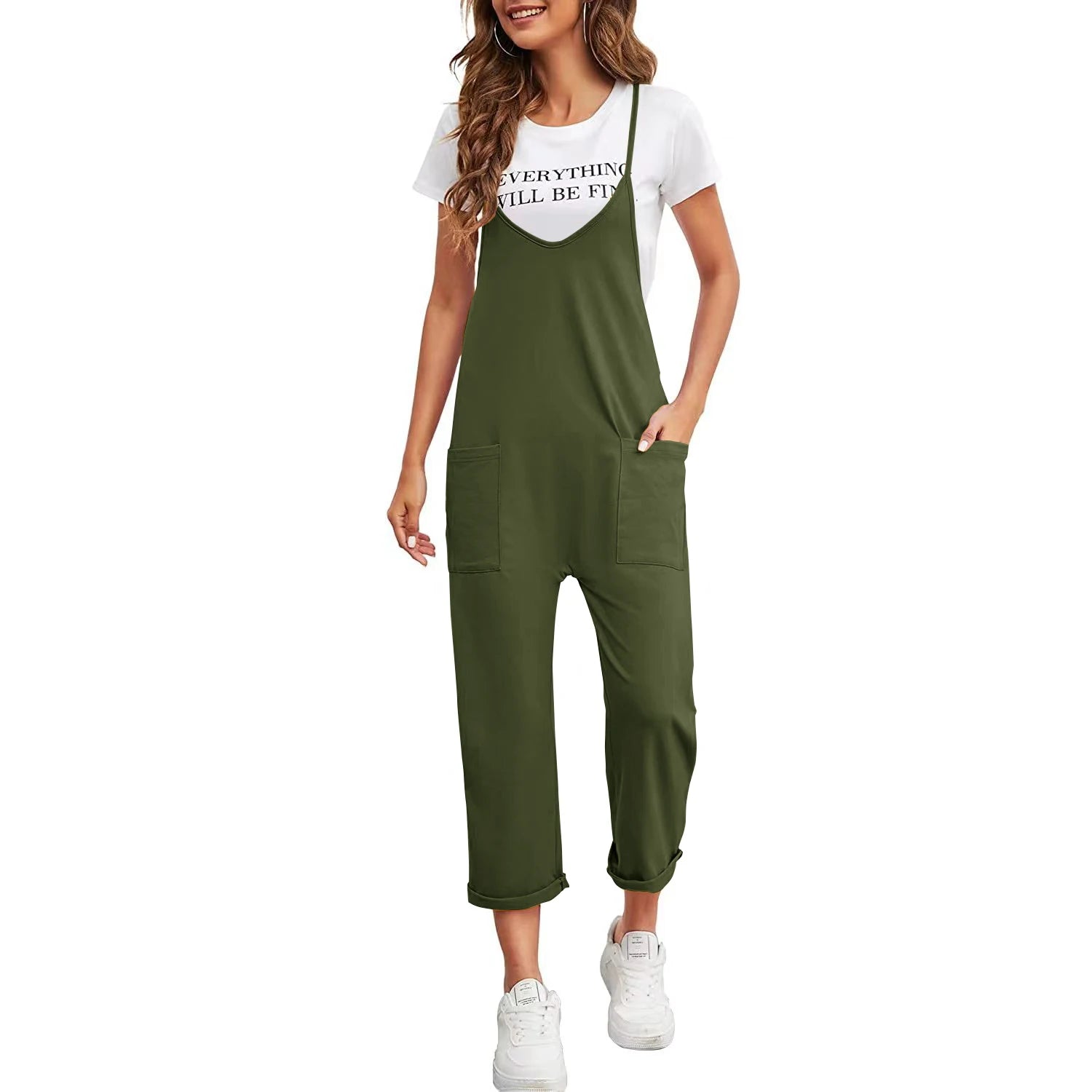 Spring Summer New Women's Casual Pocket Pants Solid Color Loose Casual Suspender Straight Womens Activewear Jumpsuit