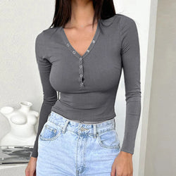 Y2K New Slim Fit Chest Buckle Button T Shirt Hollow Out Women's  V-Neck Crop Top Solid Color Long Sleeve