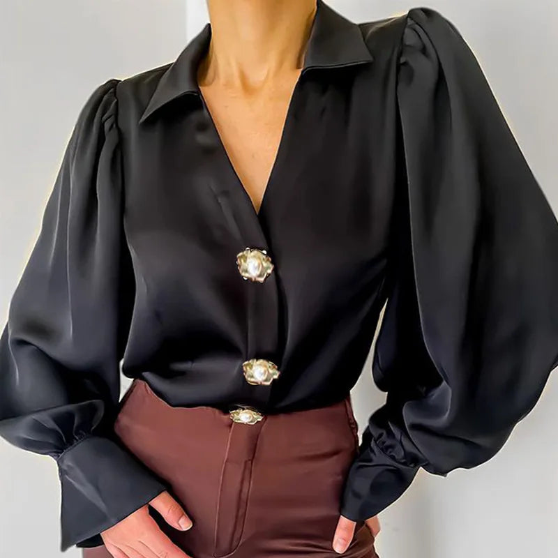 Fashion Design Lantern Sleeve Casual Loose Satin Blouse Black Women Shirt