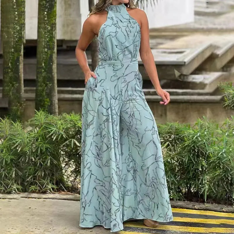 Womens Jumpsuits Sleeveless Halter Neck Striped Tie Wide Leg Casual Summer Sexy Flowy Loose Printed Rompers