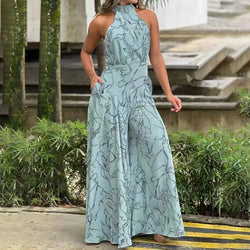 Womens Jumpsuits Sleeveless Halter Neck Striped Tie Wide Leg Casual Summer Sexy Flowy Loose Printed Rompers