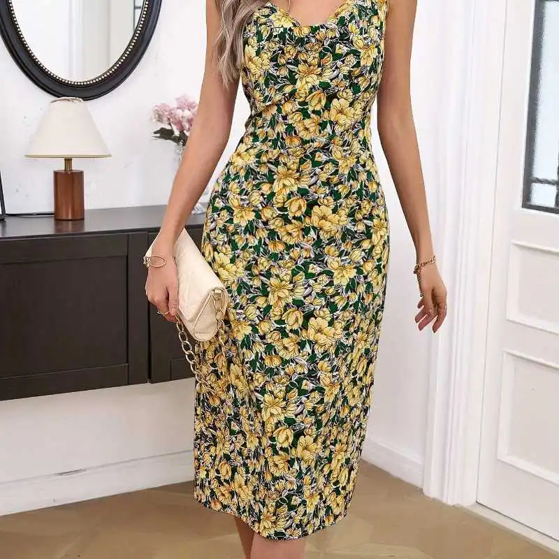 Wholesale Womens Clothing Elegant Women's Sling Collar Floral Print Spaghetti Strap Backless Slip Dress for Youth Girls