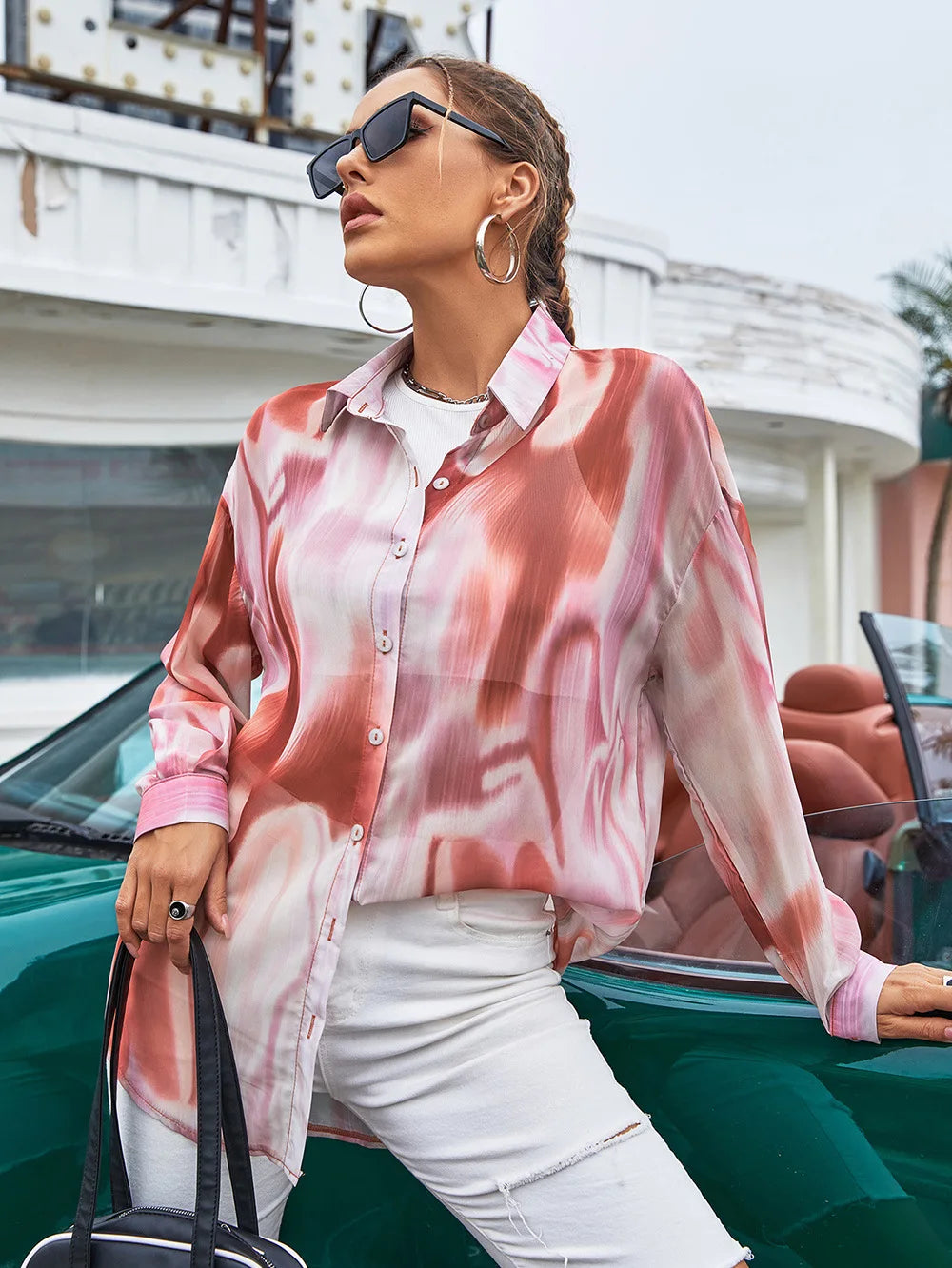 New Summer Women's Top Lapel Tie Dye Print Shirt Single Breasted Long Sleeve Loose Ladies Blouse