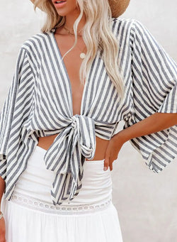 Summer Feminine Striped Shirt Bow Cropped Women Top Deep V Neck Shirt