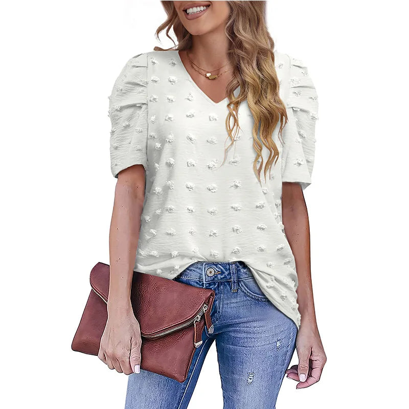 Summer V Neck Chiffon Shirt Puff Sleeve Women Blouse Plus Size Tops