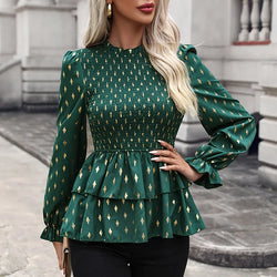 Smoking Gold Printed Women's Blouse Summer Elegant Pattern Dot Long Ruffled Collar