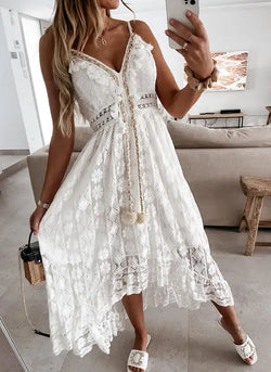 Summer casual European and American spice Girl temperament elegant hollow lace popular holiday travel MIDI dress