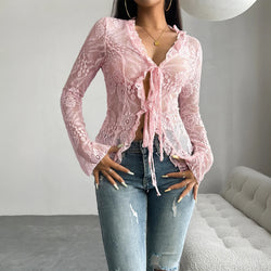 White Pink Lace Blouse Women Spring Autumn Sexy Long Sleeve V-Neck Waist-Cinched Flared Sleeve Ruffled Cardigan for Women