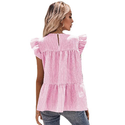 Loose Casual Women's Blouse Ruffle Sleeve O Neck Fashional Shirt Pleated Striped Top