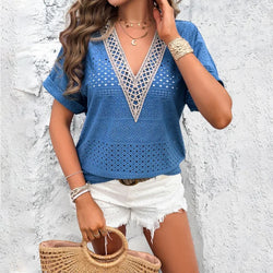 Summer Blouse for Woman V Neck Cotton Lace Blouse Top