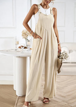 Linen Wide Leg Jumpsuits Casual Fall Summer Jumpers Loose Sleeveless Straps With Pockets Outfits