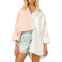 Contrast Panel Single-breasted Chiffon Shirt Long Sleeve Women Blouse