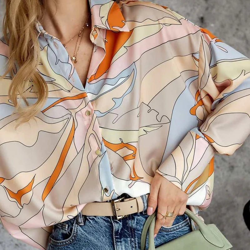 Large Size Blouse Long Sleeve Print Shirt Turn-down Neck Chiffon Shirts Women's Blouses