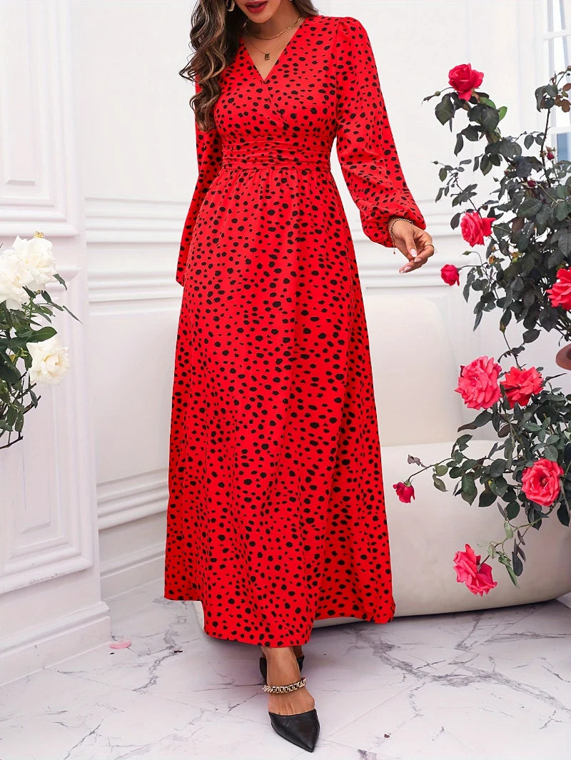 Sexy v neck evening dresses Valentine's Day night waist print pleated Elegant long sleeve women's maxi formal dress