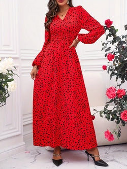 Sexy v neck evening dresses Valentine's Day night waist print pleated Elegant long sleeve women's maxi formal dress