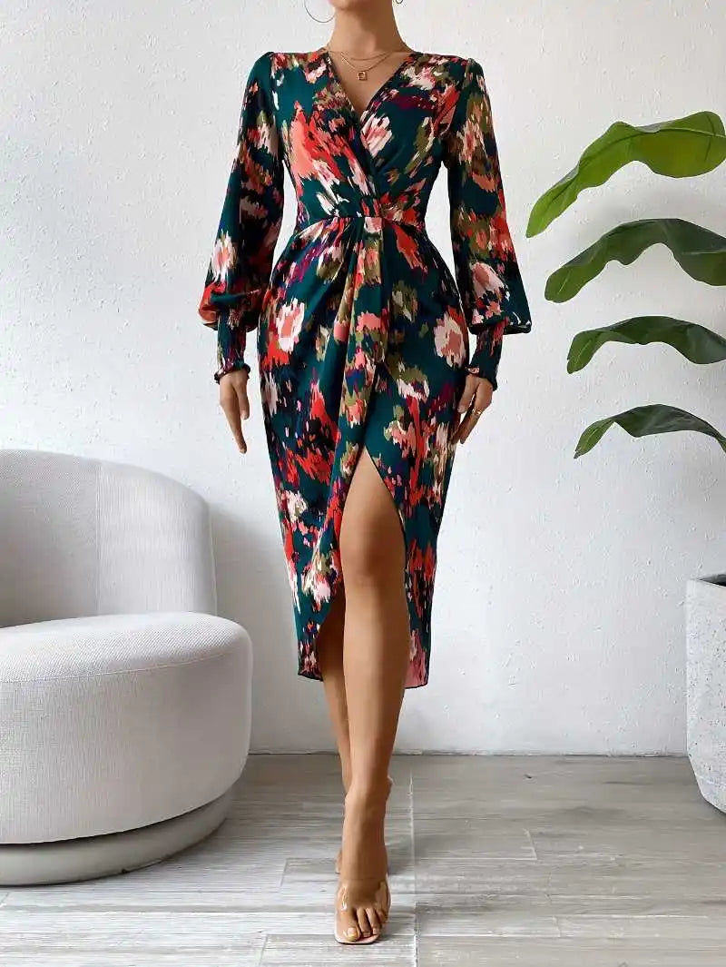 vestidos Wholesale Spring Long Sleeve Elegant Hip dress Lantern Sleeve Tight Waist Crossover Neck women 2024 casual Slim Dress