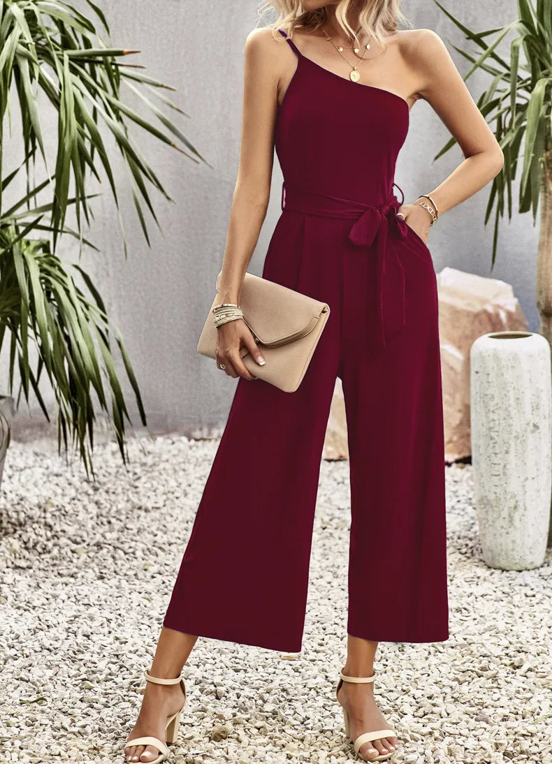 Summer Elegant Loose Solid Color Casual Workout Overall Linen High Waist Long Women Jumpsuit