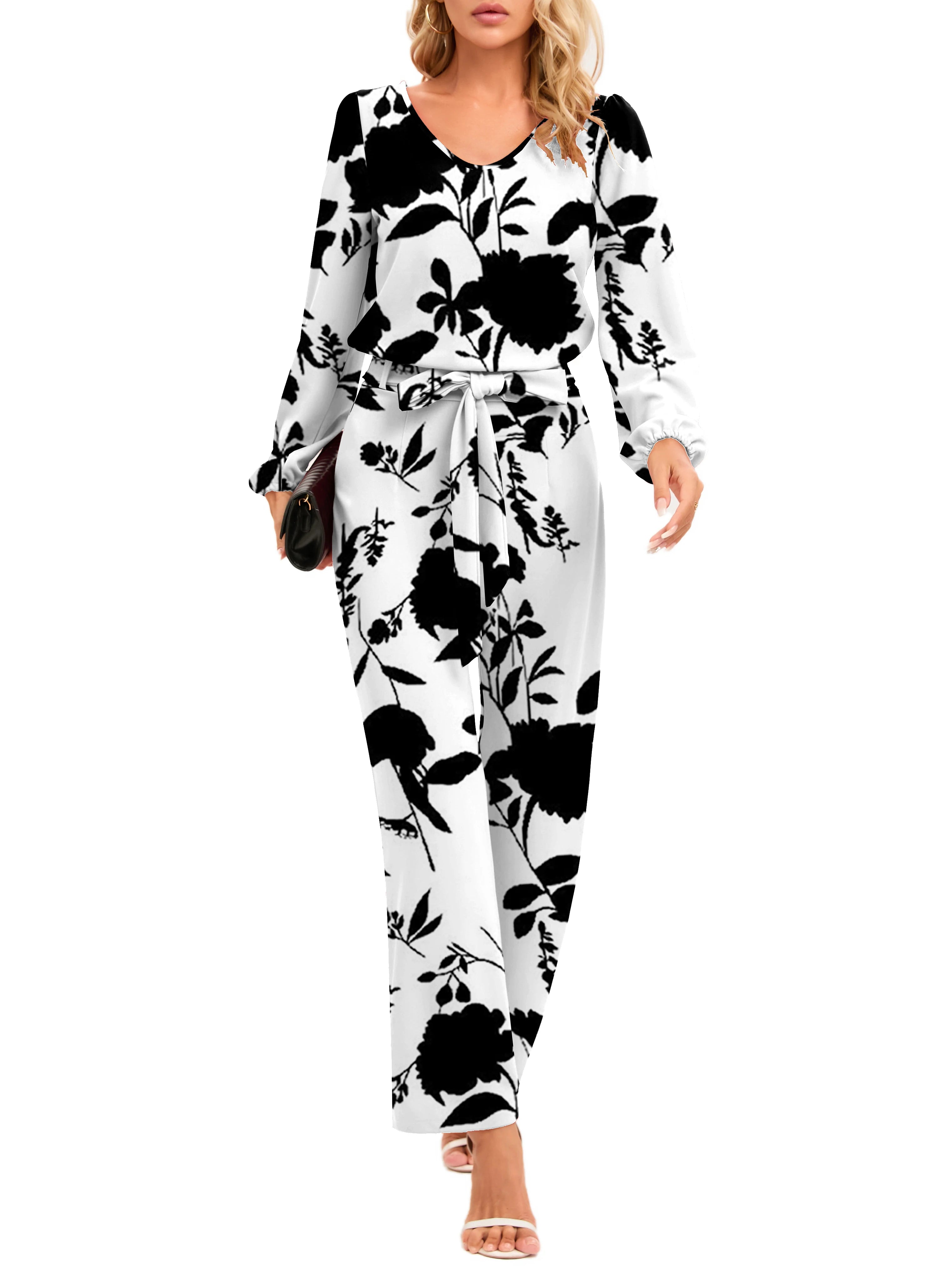 Women Clothing Fashion V Neck Bubble Sleeve Printing Elegant Ladies One Piece Women Jumpsuit