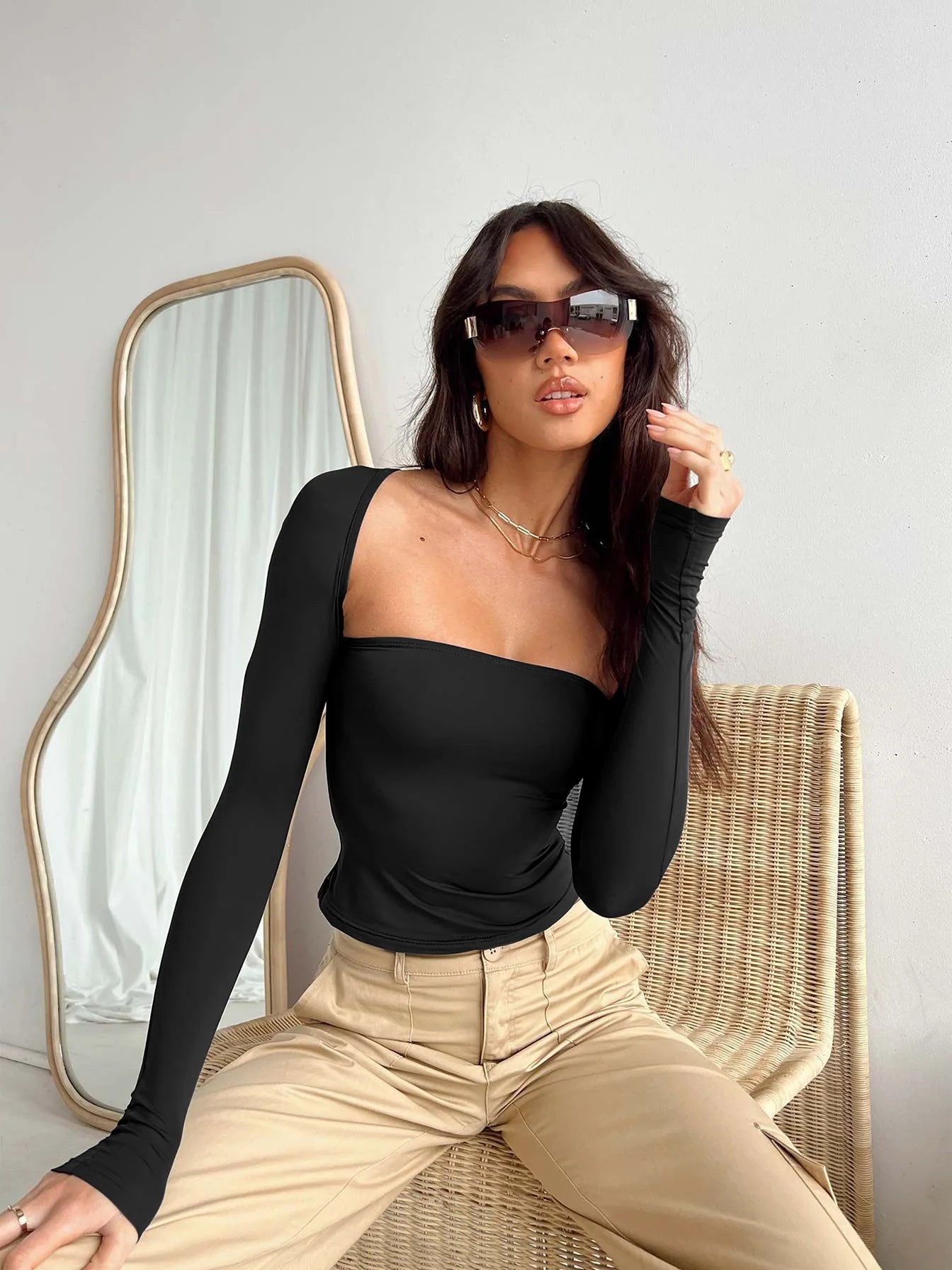 Cute Women Workout Knitted Basic White Sexy Two Piece Long Sleeve Summer Lady Tops