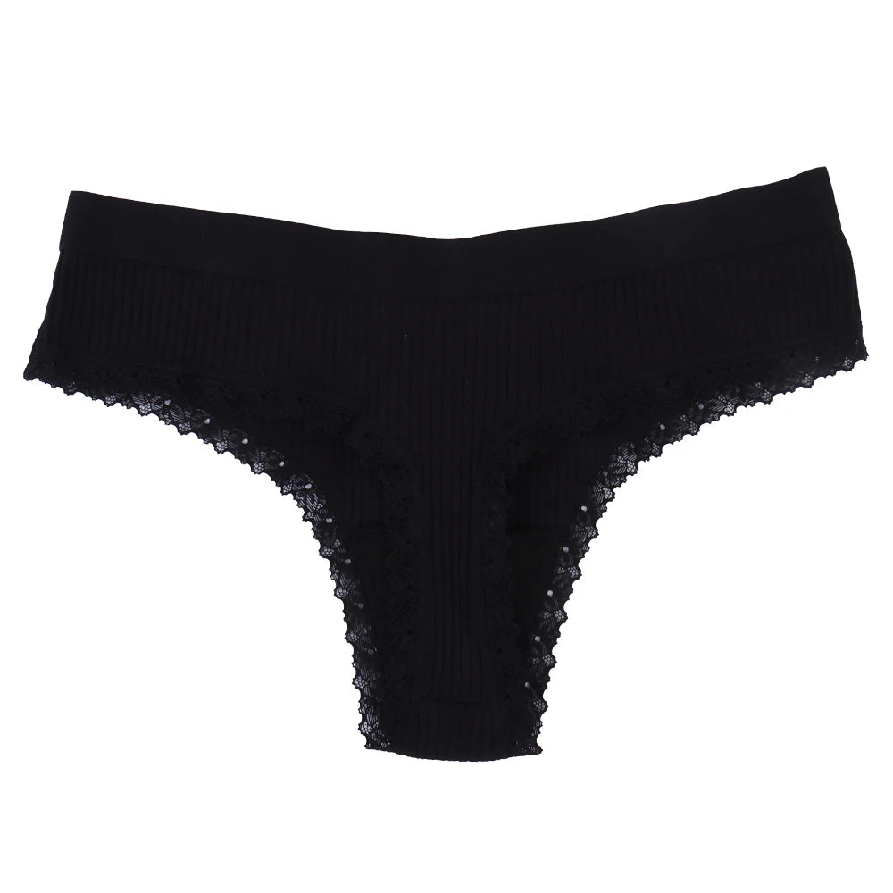 Solid Color No Show Ladies Thong Breathable Soft Lace Trim Panties No Line Undies Low Rise Women's Thongs Underwear