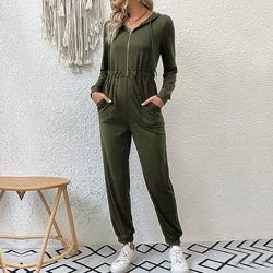 New Arrival Fall And Winter Women Clothing Ladies Solid Color Double Pocket Zip Half Placket Drawstring Hooded Jumpsuit