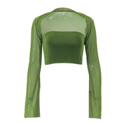 Women's Sexy One-line Collar Plastering Stitching Mesh Horn Long-sleeved T-shirt