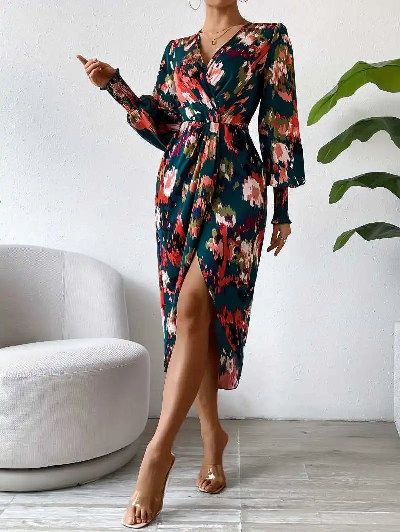 vestidos Wholesale Spring Long Sleeve Elegant Hip dress Lantern Sleeve Tight Waist Crossover Neck women 2024 casual Slim Dress