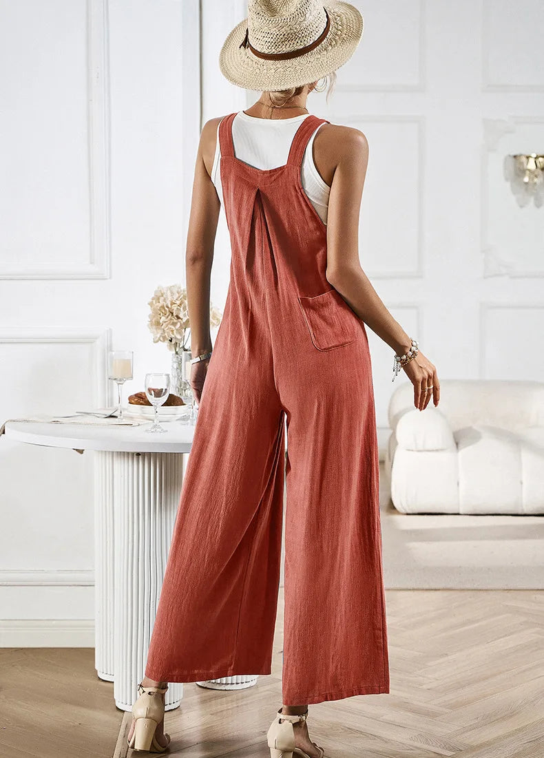 Linen Wide Leg Jumpsuits Casual Fall Summer Jumpers Loose Sleeveless Straps With Pockets Outfits