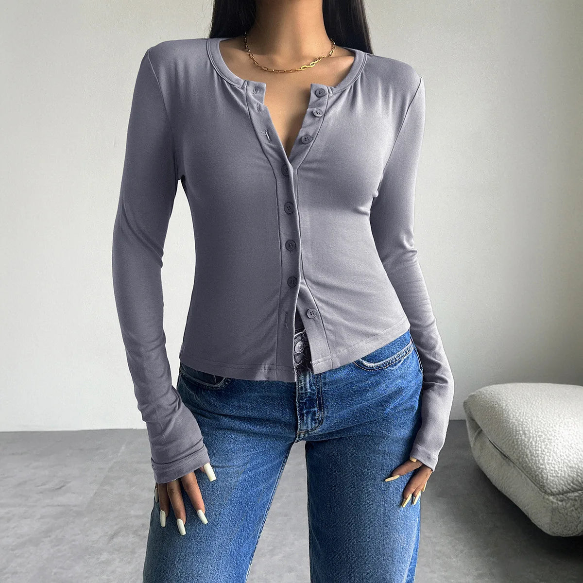 Long Sleeve Single Button Slim Solid Women'S Tops T-shirt Casual Clothes Fashion Manufacturer Y2K Streetwear Winter