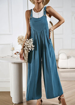 Linen Wide Leg Jumpsuits Casual Fall Summer Jumpers Loose Sleeveless Straps With Pockets Outfits