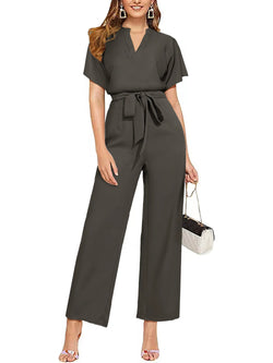 Casual Deep V Neck Short Sleeve Casual Loose Short Sleeve Belted Wide Leg Pant Romper Jumpsuits