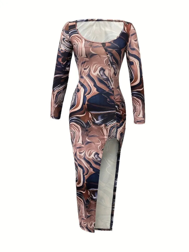 Sexy Low-cut Thigh Bodycon Dress Casual Tie Dye Split Print Slim-fit Elegant Long Sleeve Dress for women