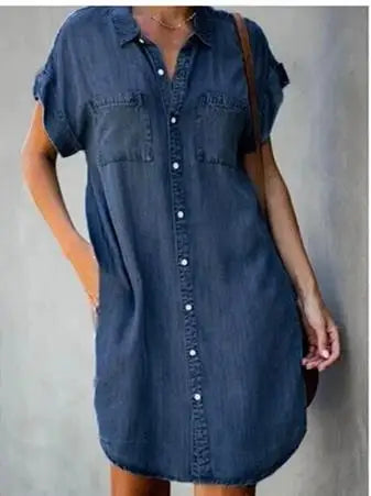 summer hot Europe and the United States simple fashion slim-fit lapel button short sleeve high street commuter denim dress