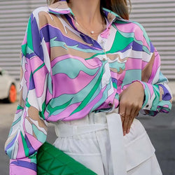 Large Size Blouse Long Sleeve Print Shirt Turn-down Neck Chiffon Shirts Women's Blouses