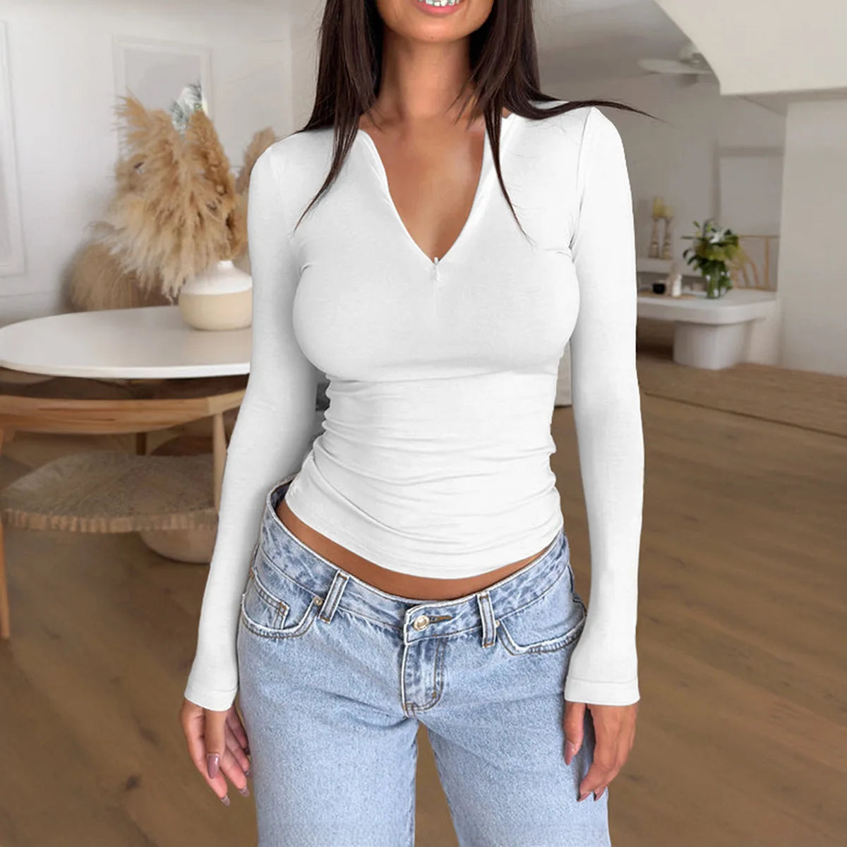 Wholesale Custom Design Breathable Mock Neck Deep V Zipper Front Tight Sexy Casual Tees T-Shirts