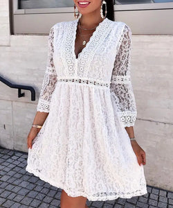 Summer Fashion simple cut-out lace seaside resort flared seven-quarter sleeve dress for women