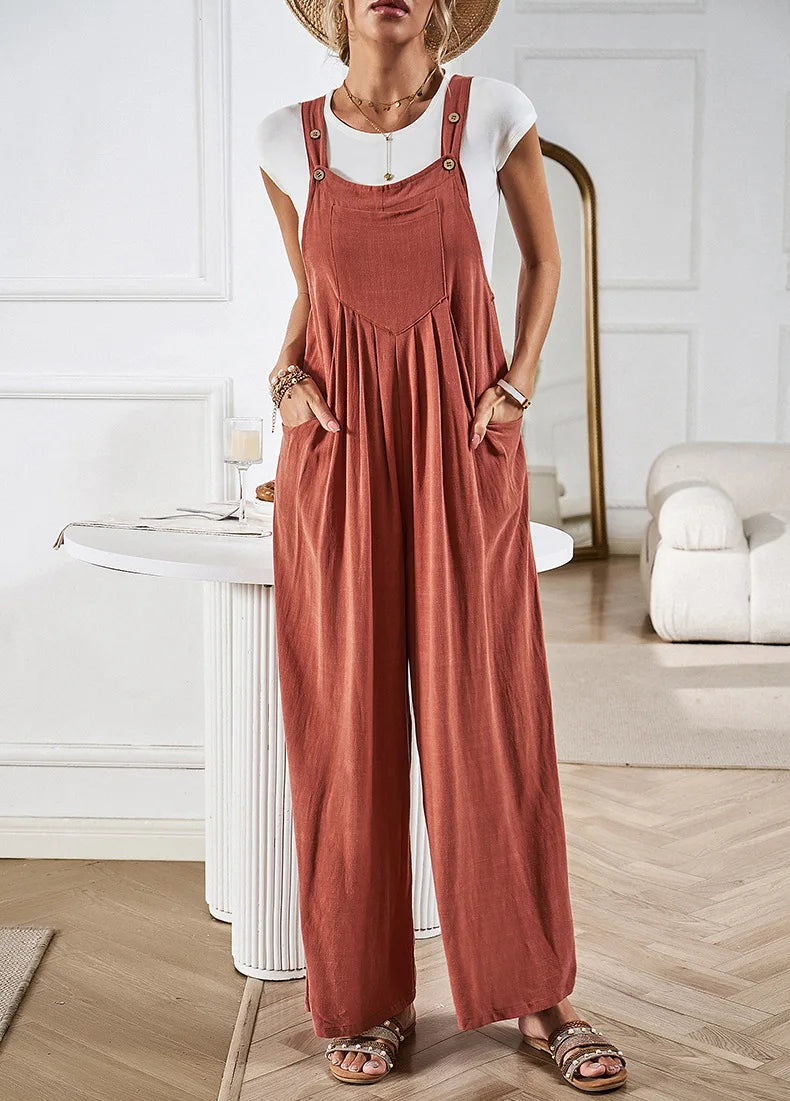 Linen Wide Leg Jumpsuits Casual Fall Summer Jumpers Loose Sleeveless Straps With Pockets Outfits